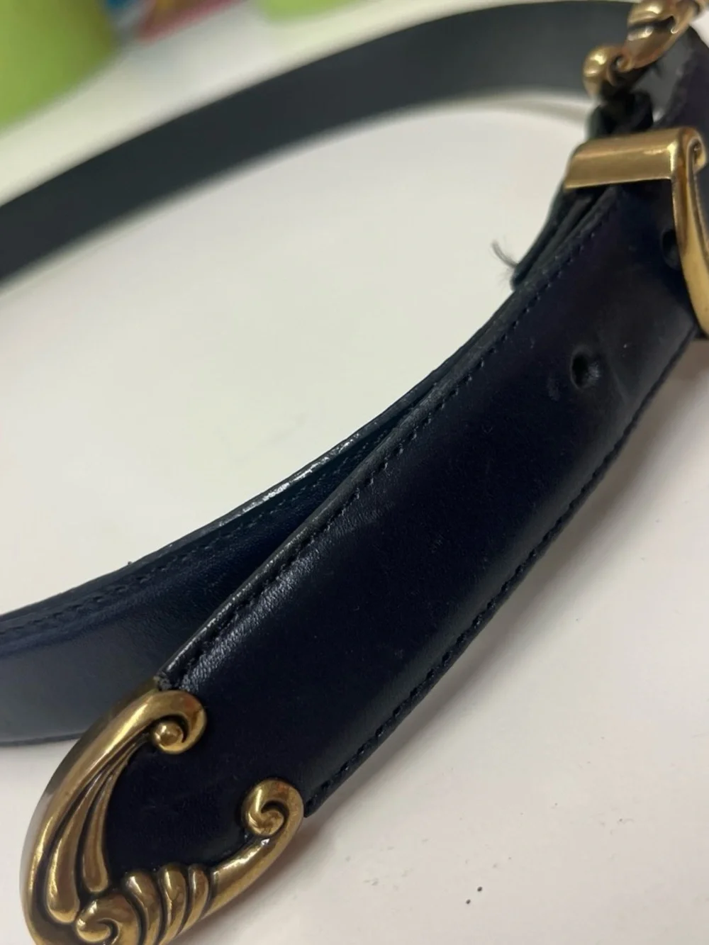 Talbots Black Leather Belt with Decorative Gold Buckle